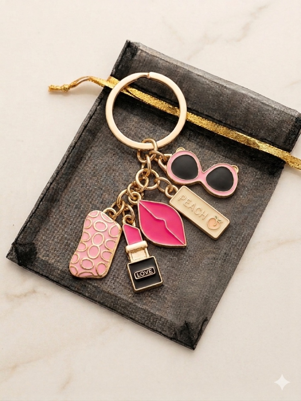 Pink and Gold Charm Keychain/Bag Charm with Sunglasses, Lipstick, Purse & Lips